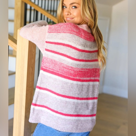 Reg. & Plus Size Soft Fuzzy Knit Pink Striped Sweater, Relaxed Fit, Multicolored - Picture 4 of 12